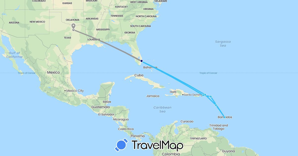 TravelMap itinerary: driving, plane, boat in Barbados, France, Netherlands, United States, British Virgin Islands (Europe, North America)